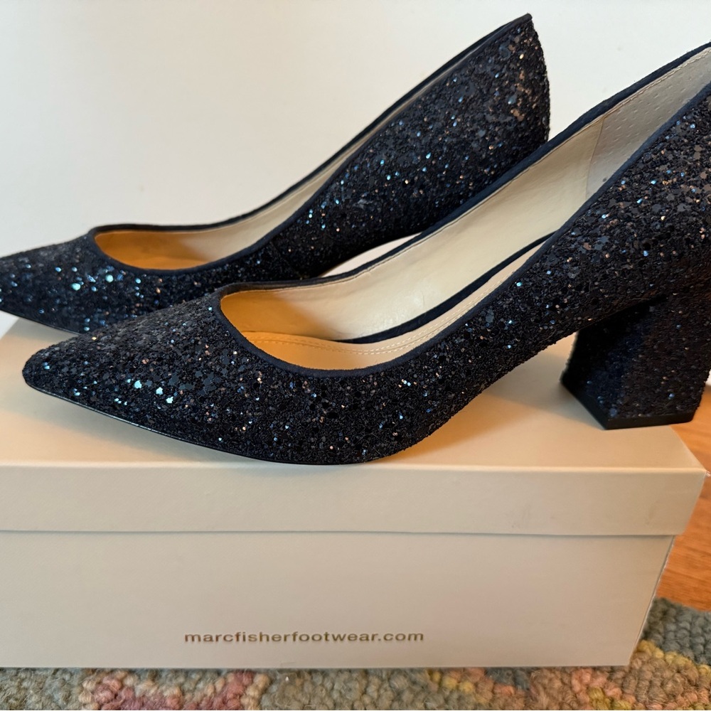 Marc Fisher Black Glitter Block Heel Pumps